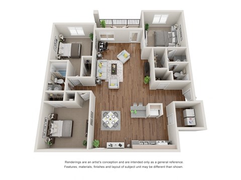 Floor plan for 3 beds, 2 baths, 1274 sqft